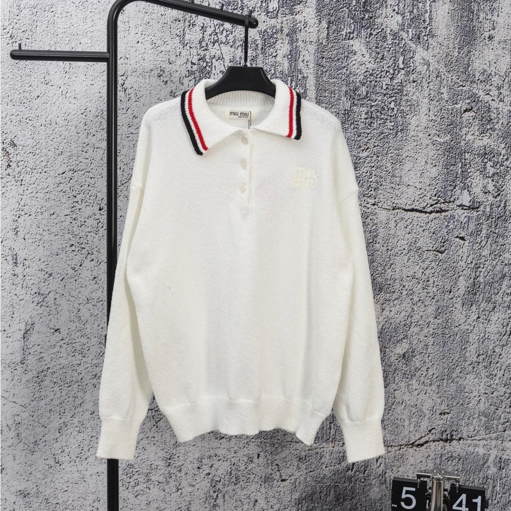 Miu Miu White Long Sleeve Top with Red and Black Striped Collar